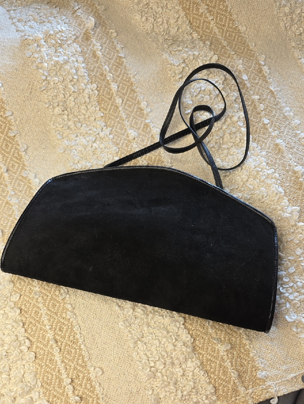 Vintage Elegant Black Suede Clutch Bag with Long Strap